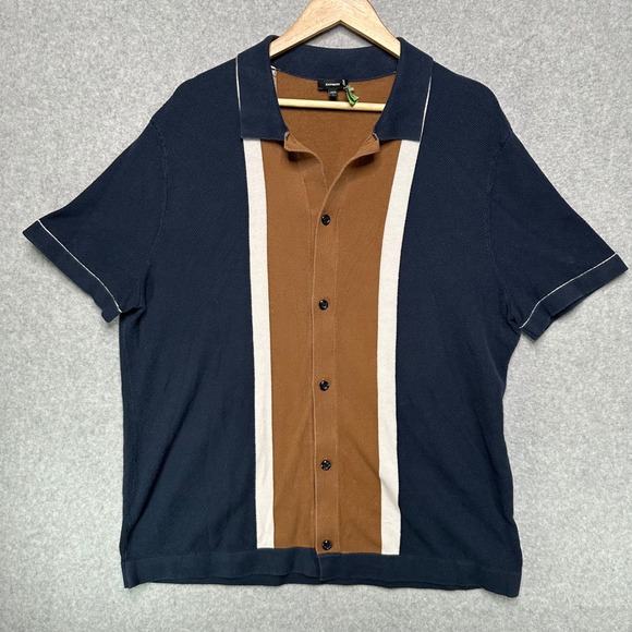 Express Mens XL Knit Polo Shirt Navy Brown Cream Color Block Button Front Cotton - Picture 2 of 7